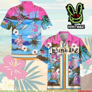 Blink 182 Dancing Skull Surfing Beach Hibiscus Blue Summer Merch 2025 Hawaiian Shirt And Beach Short