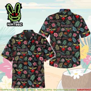 Bon Jovi Hibiscus Palm Tree Coconut Monstera Summer Merch 2025 Hawaiian Shirt And Beach Short